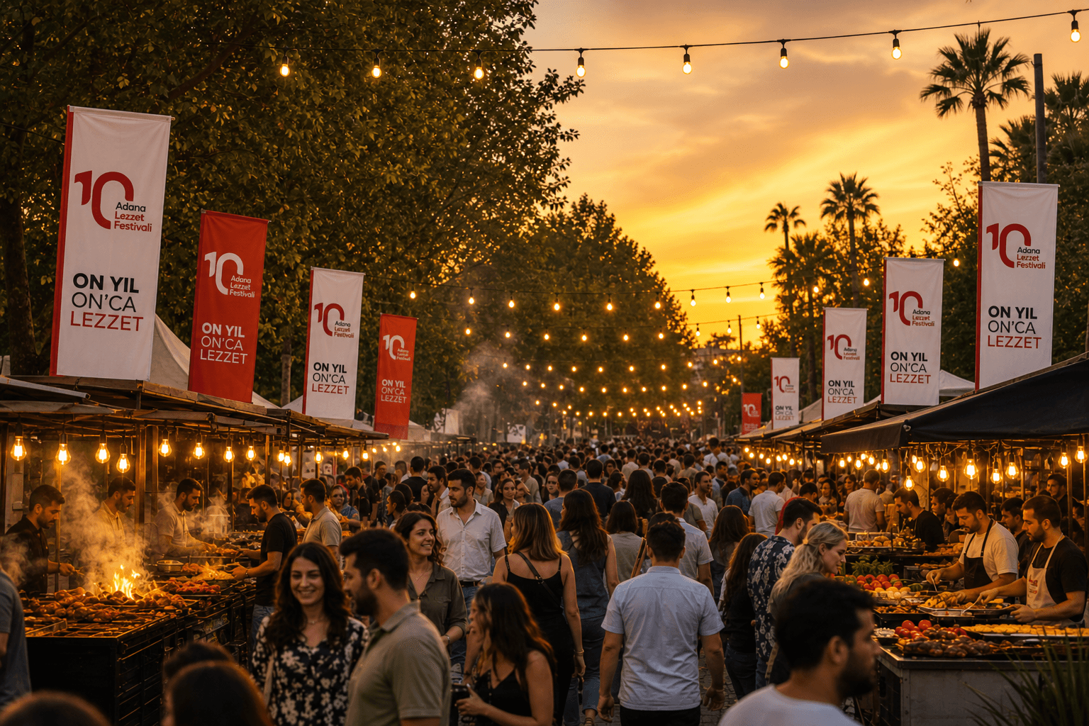 The crowded Adana Taste Festival grounds glowing at dusk